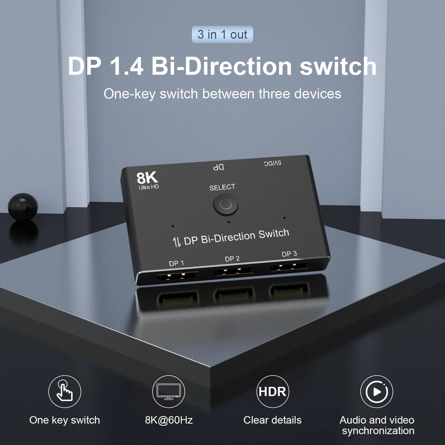 NÖRDIC Displayport 3 till 1 switch eller 1 till 3 splitter DP1.4 8K30Hz 4k120Hz 32.4Gbps