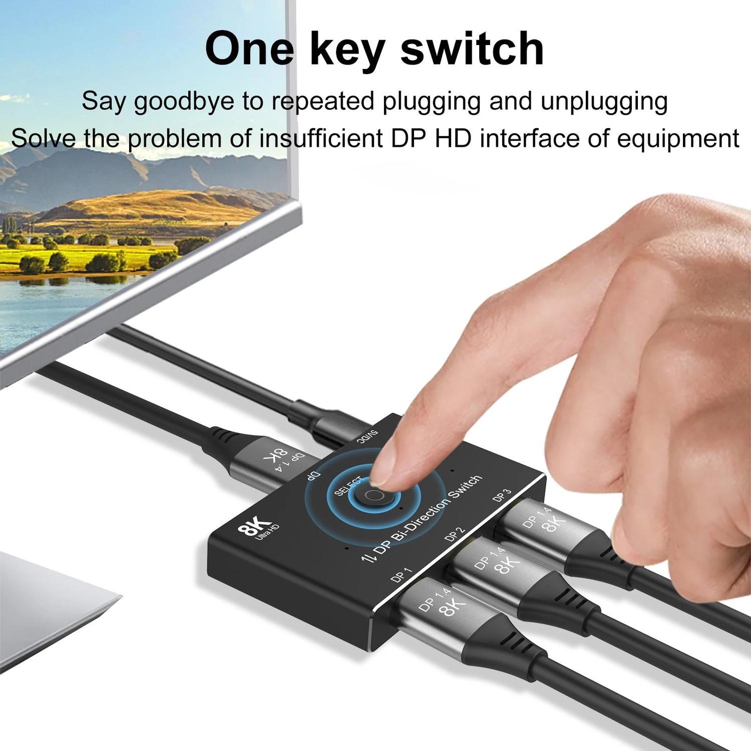 NÖRDIC Displayport 3 till 1 switch eller 1 till 3 splitter DP1.4 8K30Hz 4k120Hz 32.4Gbps