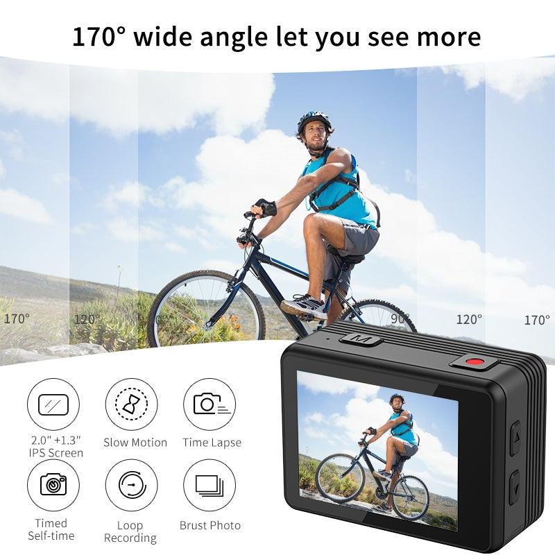 NÖRDIC Dual Screen Action Camera 4K30Hz WiFi 30m Waterproof 20MP 2.0" Display