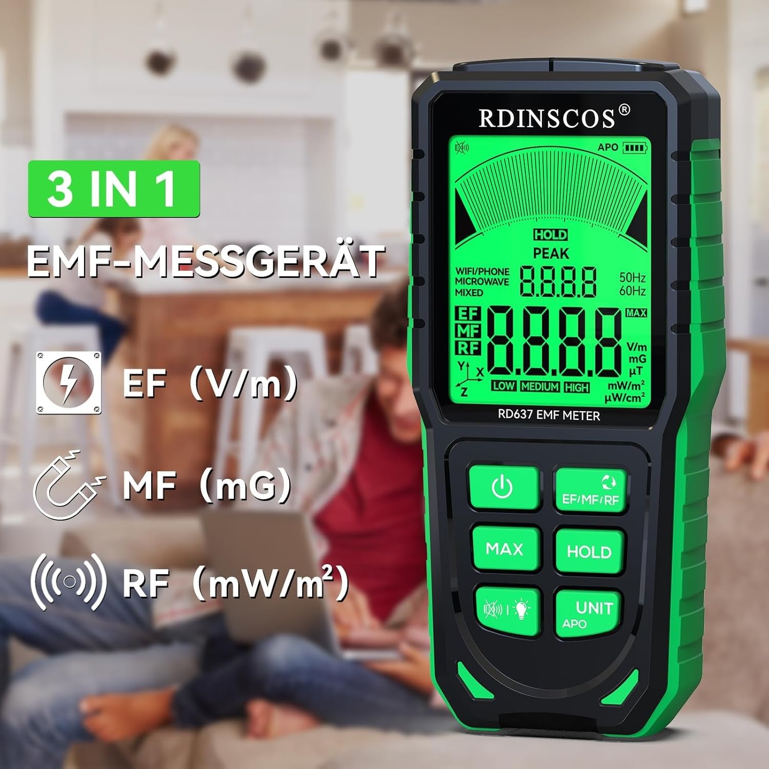 NÖRDIC EMF-mätare handhållen strålningsdetektor för EF, MF, RF, WiFi, mikrovågor