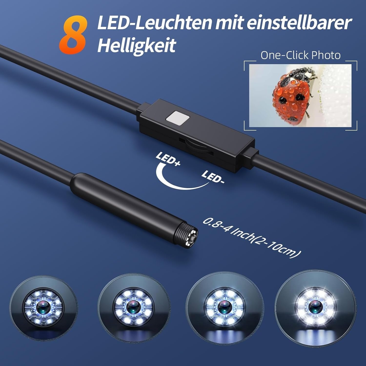NÖRDIC Endoskopkamera för mobiltelefon med ljus, 1080P HD, 8 LED-lampor, vattentät IP67, inget WiFi krävs, Android och iOS