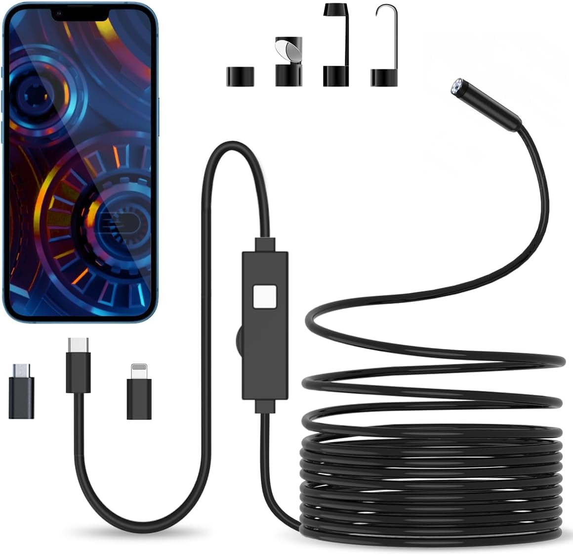 NÖRDIC 10m Endoskopkamera för mobiltelefon med ljus, 1080P HD, 8 LED-lampor, vattentät IP67, inget WiFi krävs, Android och iOS