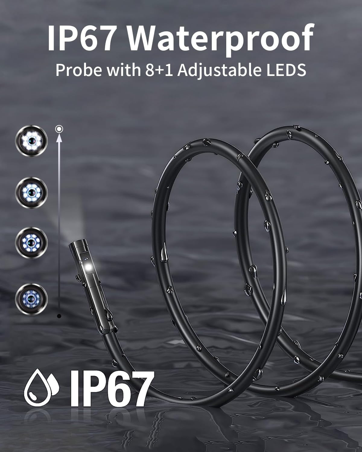 NÖRDIC Endoskopkamera med dubbla lenser för mobiltelefon med ljus, 1080P HD, 8 LED-lampor, vattentät IP67, inget WiFi krävs, Android och iOS