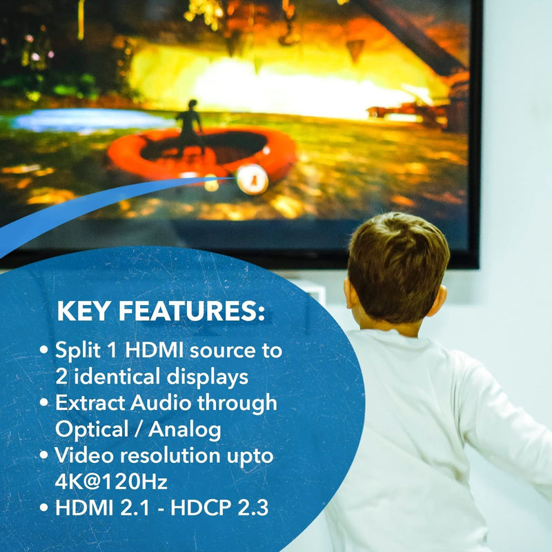 NÖRDIC HDMI 1 to 2 Splitter 8K0Hz 4K120Hz with extractor Optical SPDIG and stereo HDCP 2.3 HDR10+ EDID Dolby ATMOS