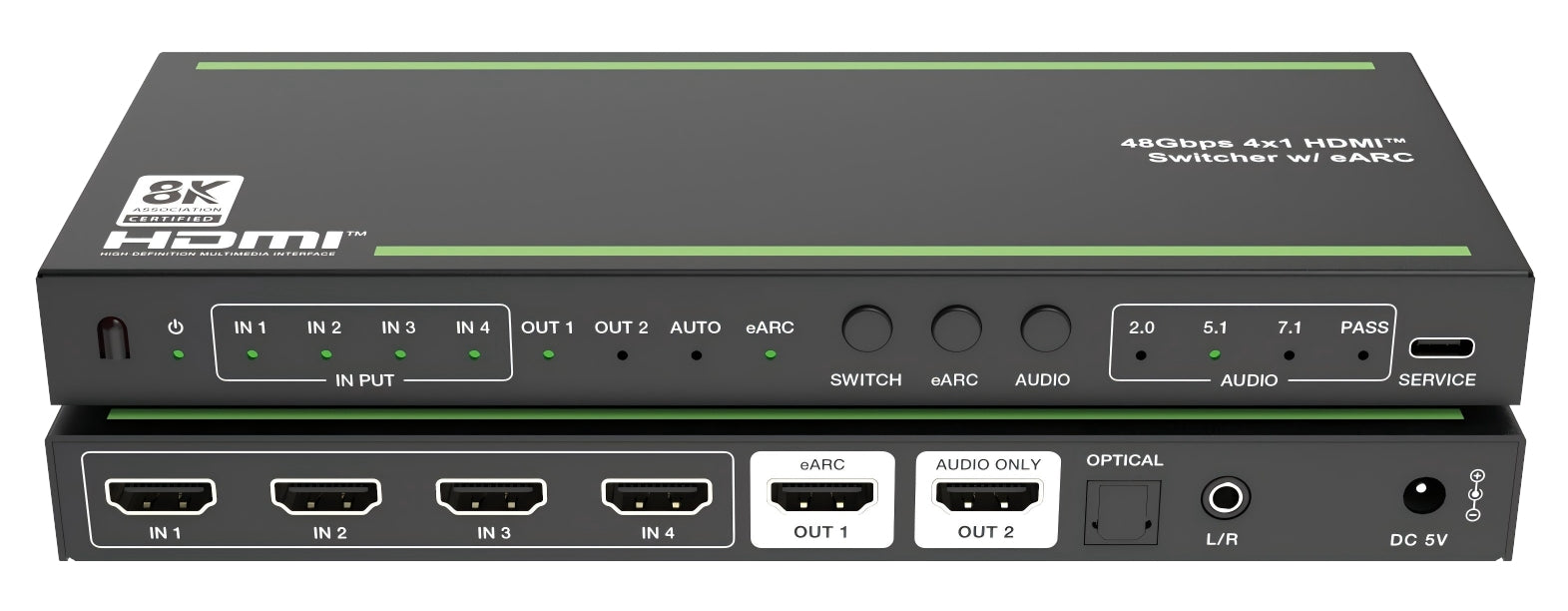 NÖRDIC 8K HDMI 2.1 eARC/ARC Extractor med inbyggd 4 till 1-switch, HDMI/Optisk/3,5mm, Dolby Vision, Dolby Atmos, LPCM 7.1CH, CEC, HDR, VRR, HDCP 2.3
