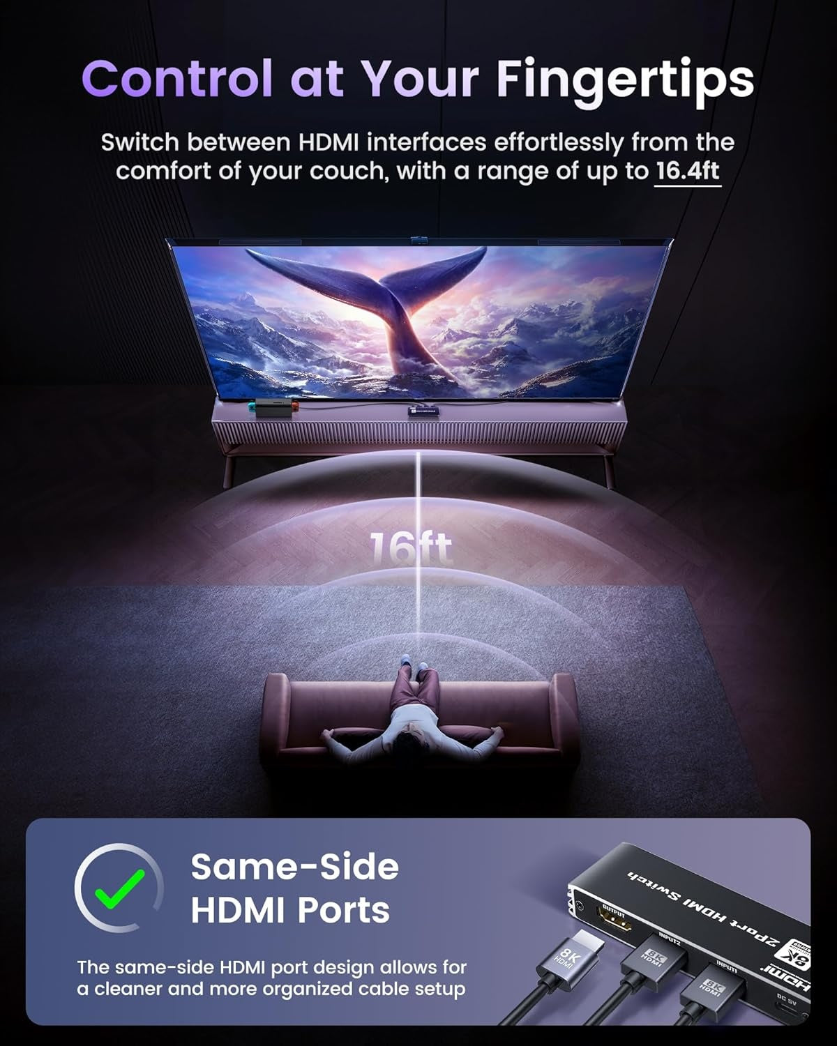 NÖRDIC HDMI 2.1 Switch 2 till 1 8K60Hz 4K@120Hz med fjärrkontroll, Aluminum