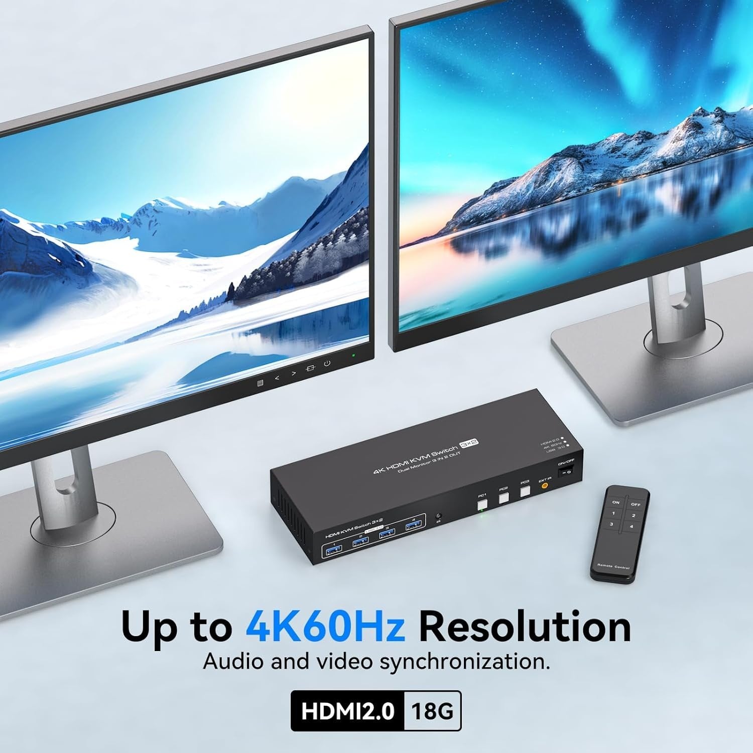 NÖRDIC HDMI KVM-switch 3 datorer 2 skärmar 4K60Hz EDID 4 USB 3.0-portar med fjärrkontroll