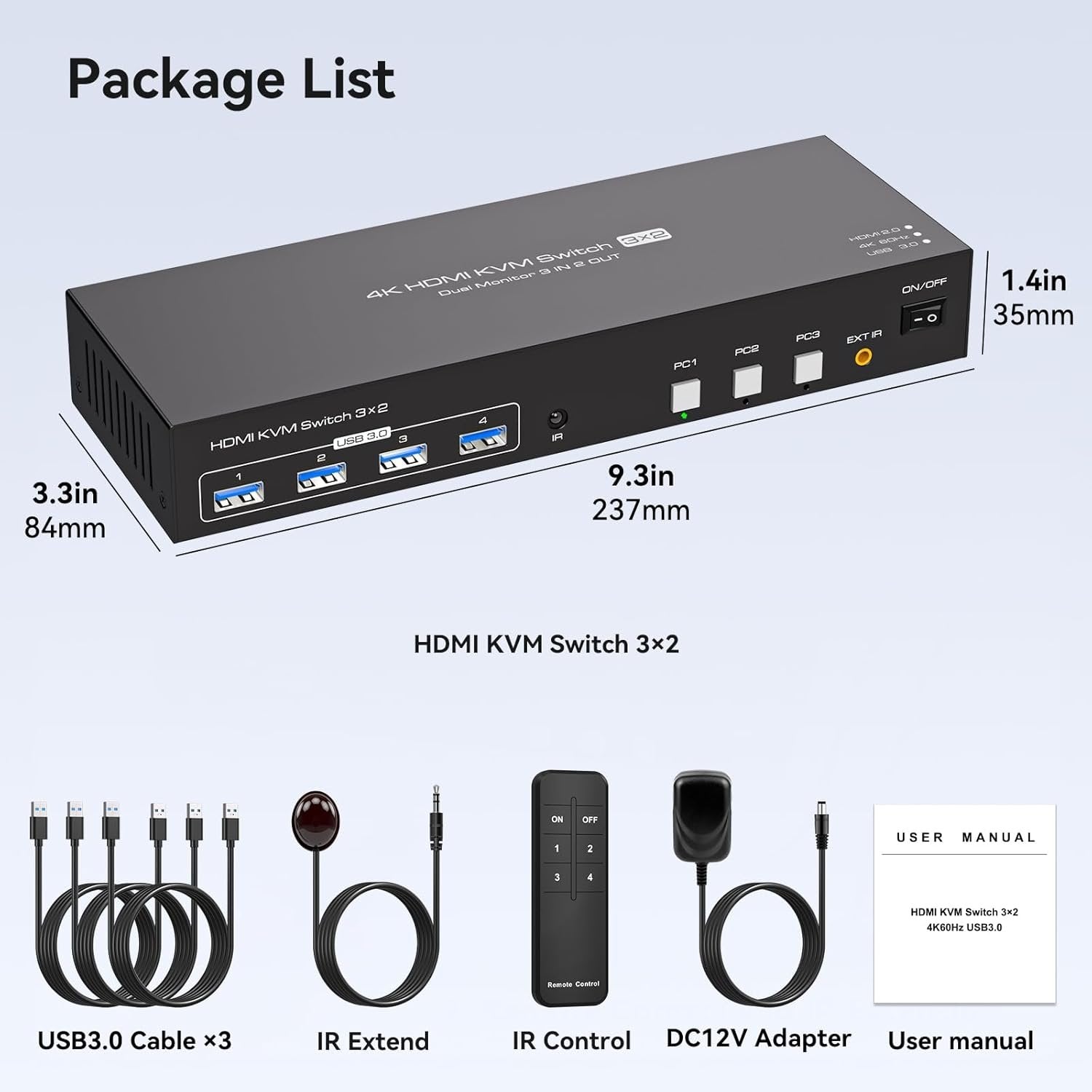 NÖRDIC HDMI KVM-switch 3 datorer 2 skärmar 4K60Hz EDID 4 USB 3.0-portar med fjärrkontroll