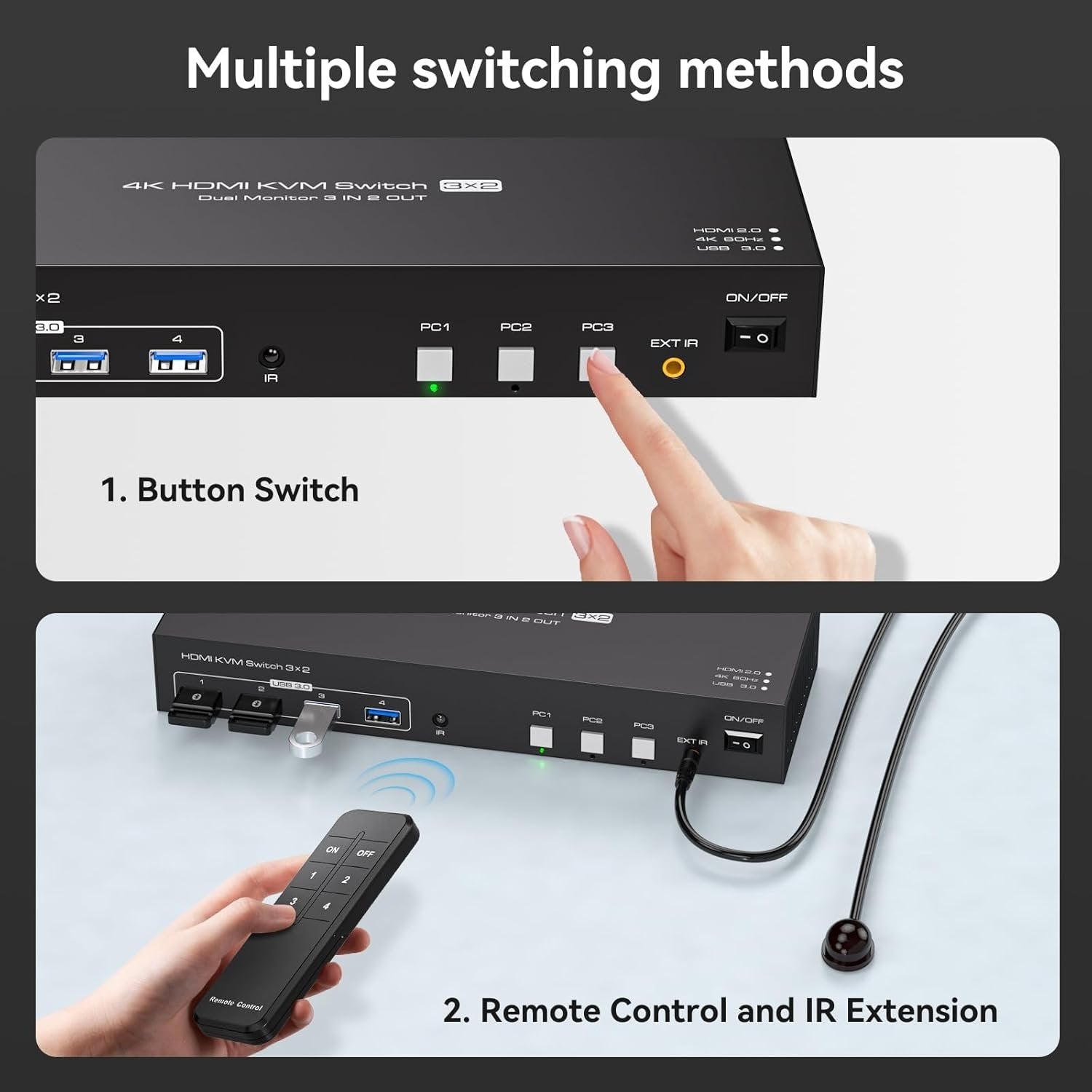 NÖRDIC HDMI KVM-switch 3 datorer 2 skärmar 4K60Hz EDID 4 USB 3.0-portar med fjärrkontroll