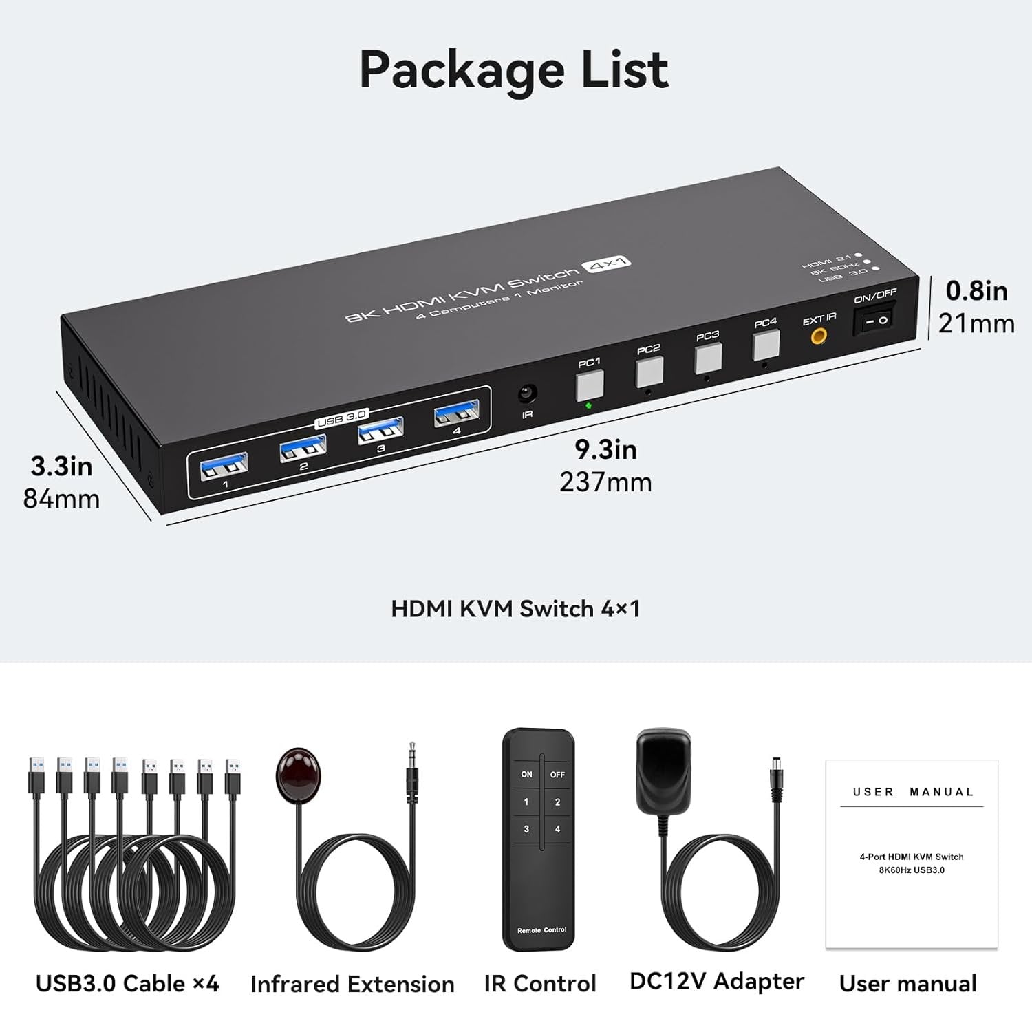 NÖRDIC HDMI KVM-switch 4 datorer 1 skärm 8K 60Hz 4K 144/120Hz 4xUSB-enheter