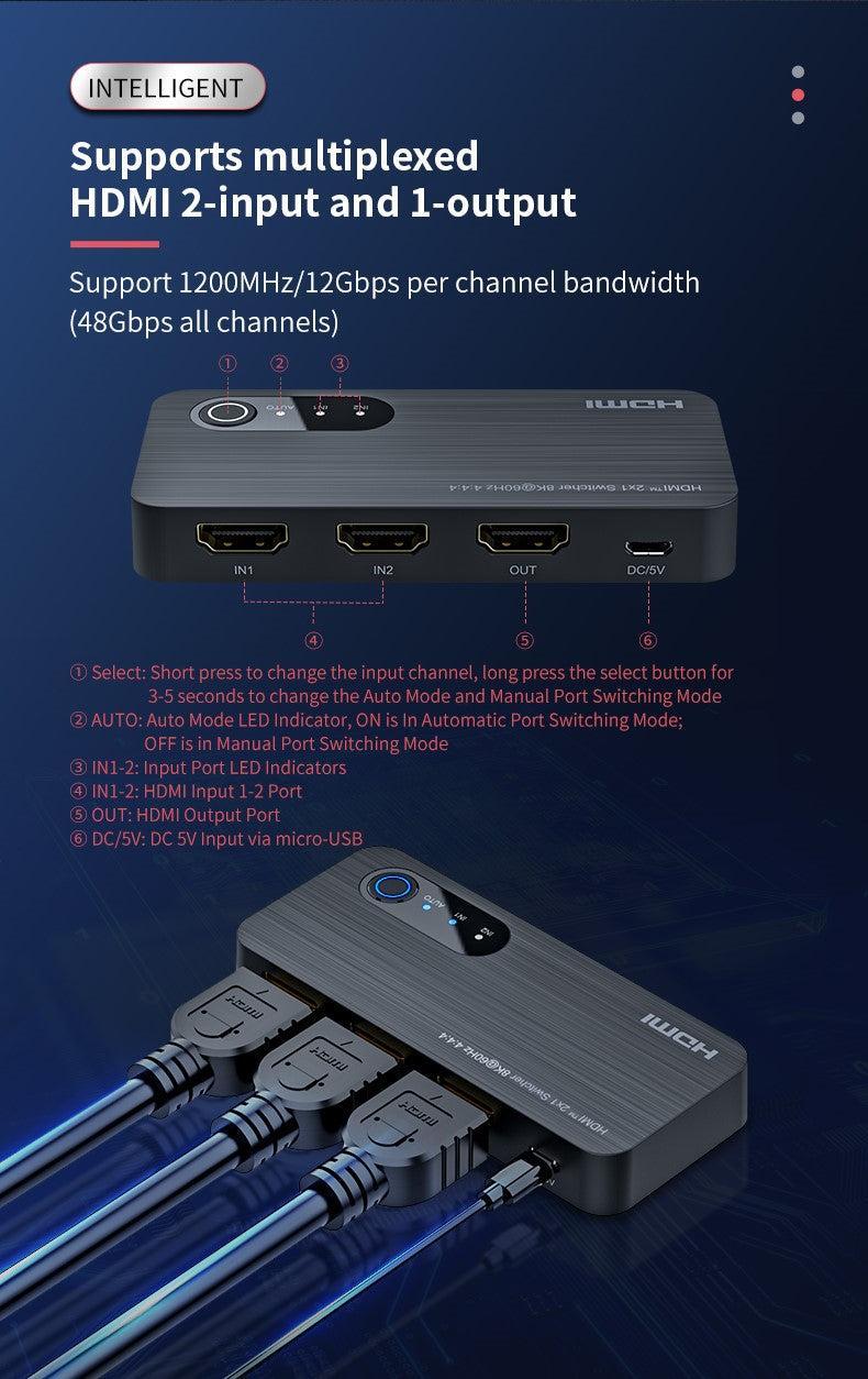 NÖRDIC HDMI 2.1 switch 2 till 1 8K60Hz 4K120Hz 48Gbps HDR HDCP2.3 Surround 7.1 CEC