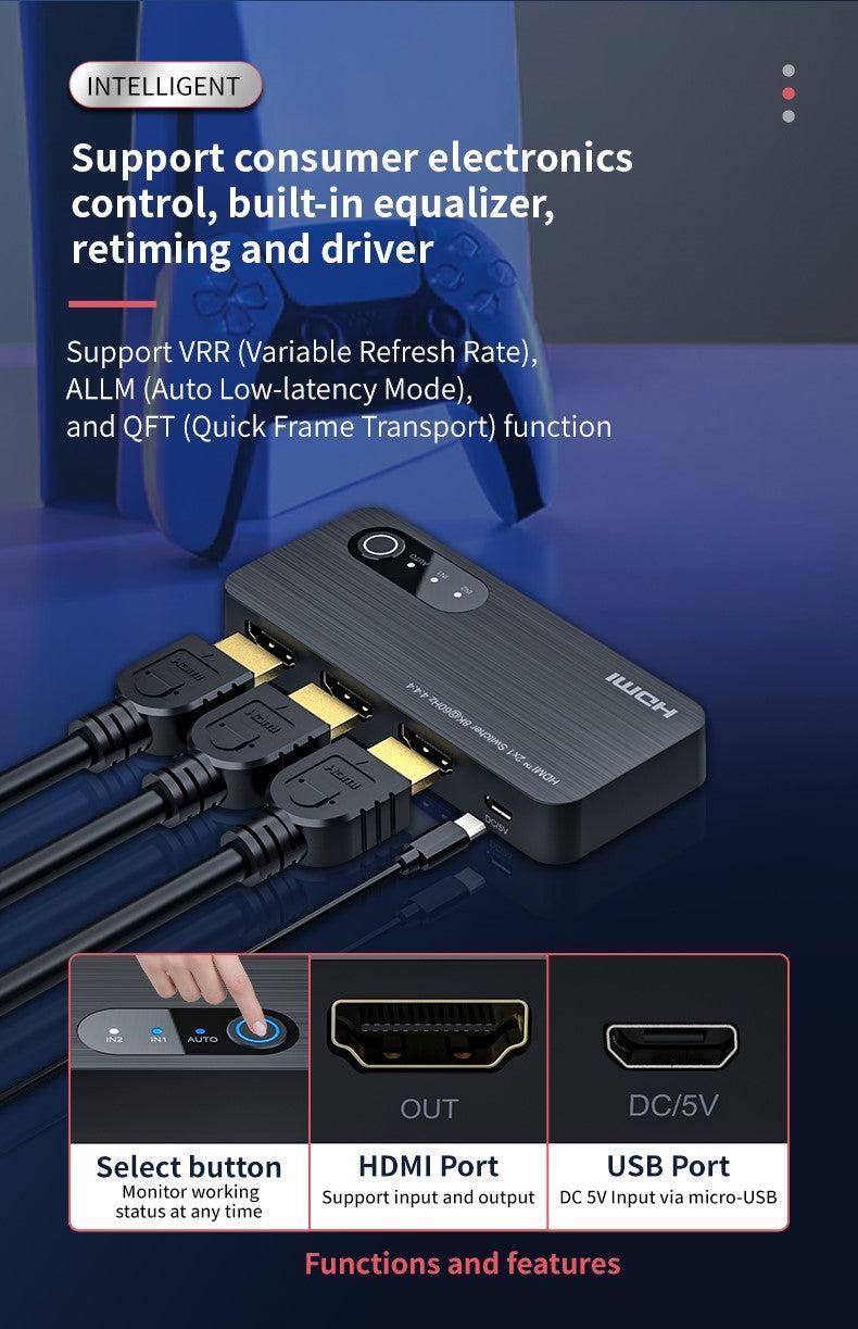 NÖRDIC HDMI 2.1 switch 2 till 1 8K60Hz 4K120Hz 48Gbps HDR HDCP2.3 Surround 7.1 CEC