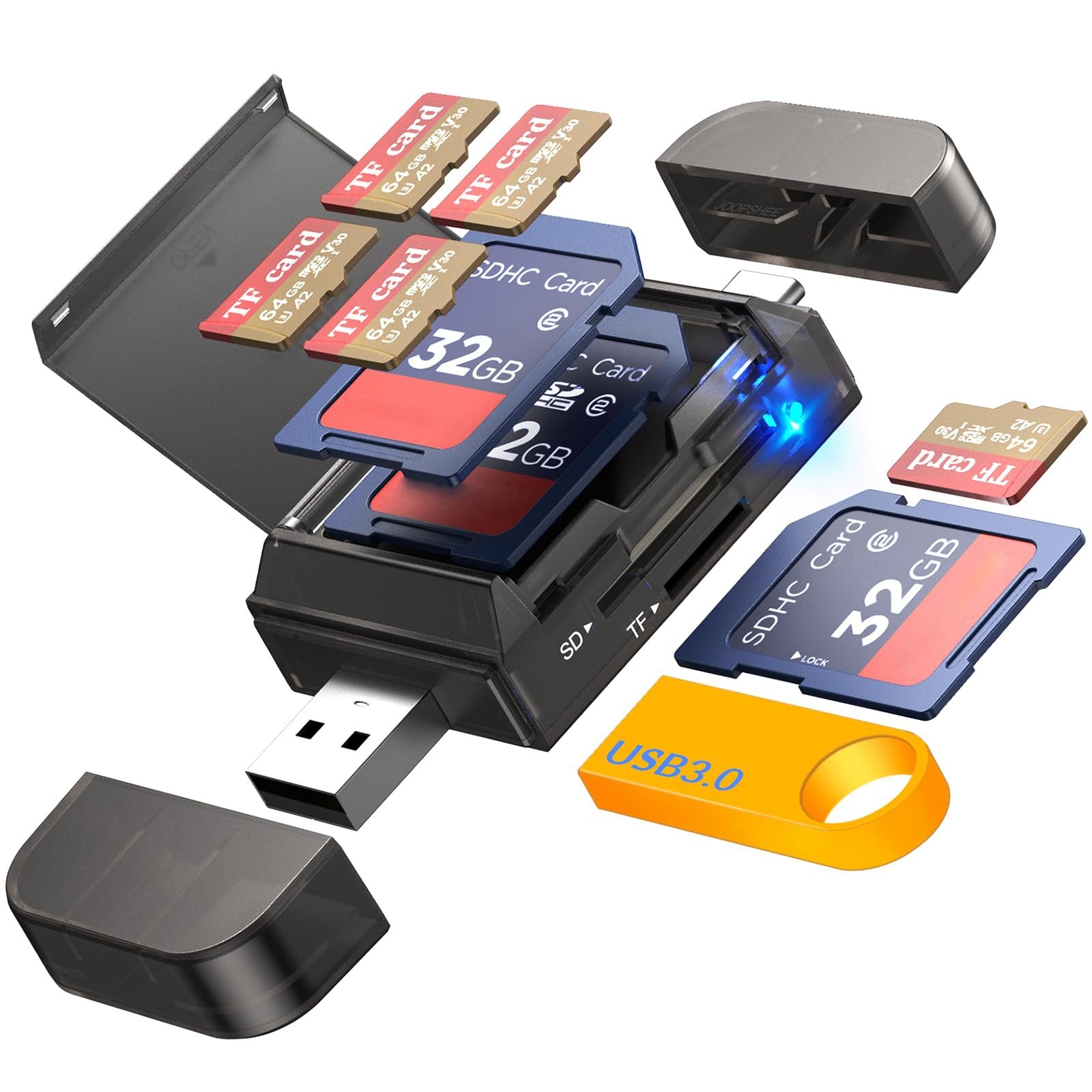 NÖRDIC USB-A, USB-C Kortläsare 2 Slot SD, Micro SD och USB-A 3.0 OTG UHS-I med kortförvaring