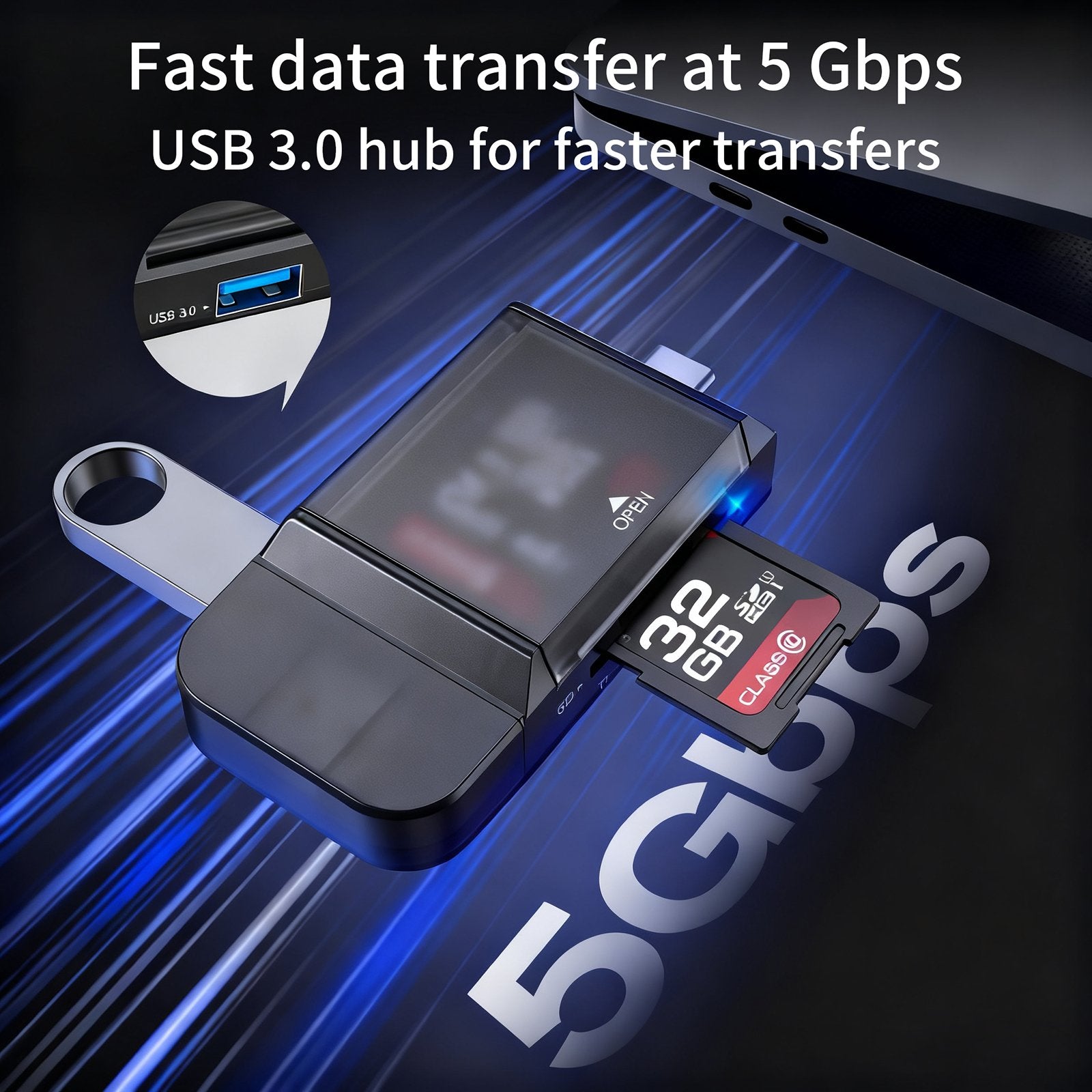 NÖRDIC USB-A, USB-C Kortläsare 2 Slot SD, Micro SD och USB-A 3.0 OTG UHS-I med kortförvaring