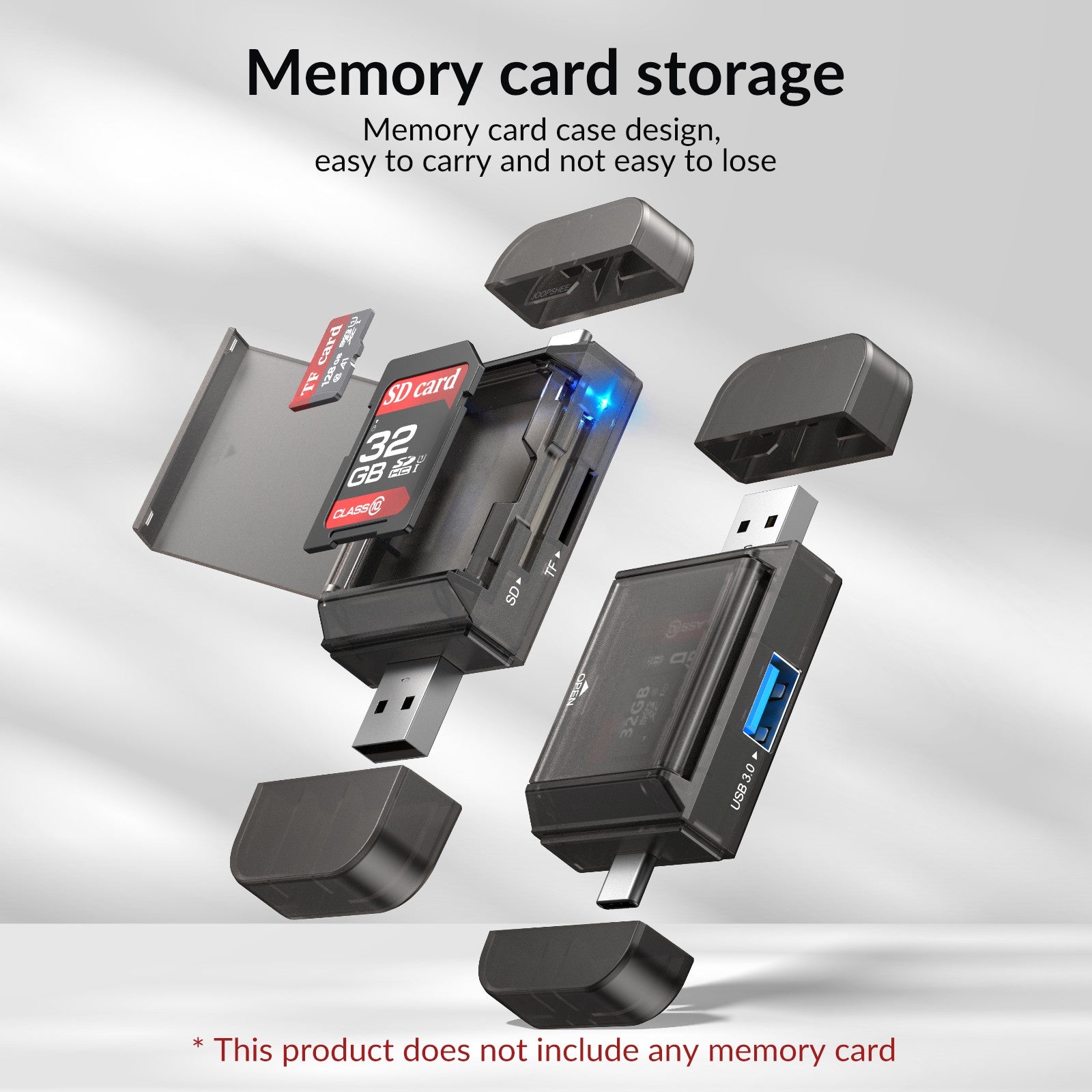 NÖRDIC USB-A, USB-C Kortläsare 2 Slot SD, Micro SD och USB-A 3.0 OTG UHS-I med kortförvaring