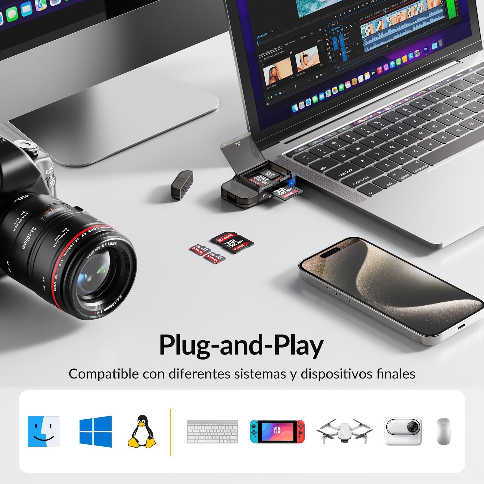 NÖRDIC USB-A, USB-C Kortläsare 2 Slot SD, Micro SD och USB-A 3.0 OTG UHS-I med kortförvaring