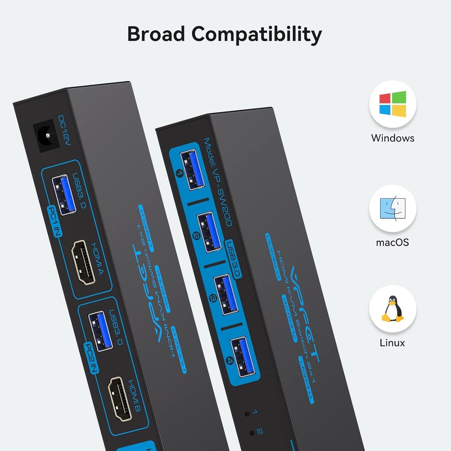 NÖRDIC KVM Switch 2 till 1 HDMI 2.0 4K60Hz för PC, Xbox, PS5 och bärbar med 4xUSB 3.0 portar