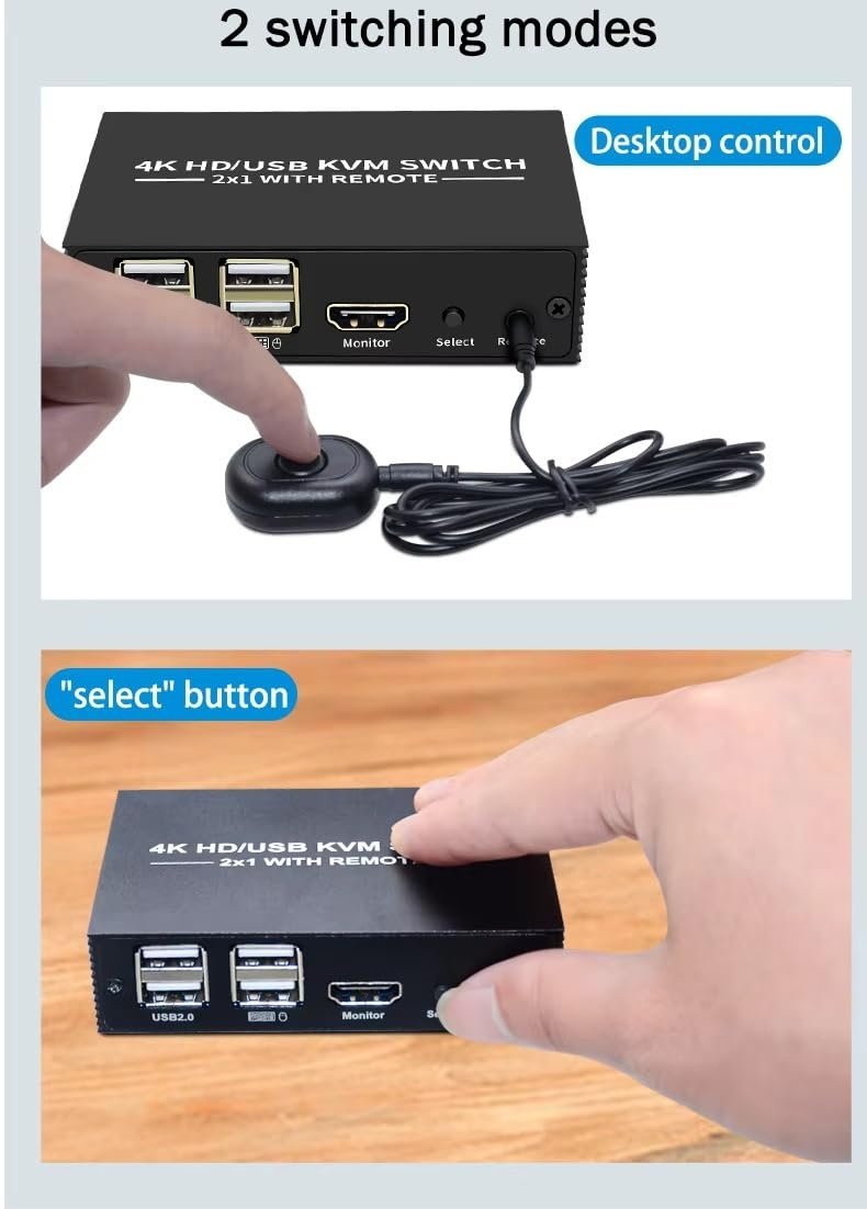 NÖRDIC KVM Switch 2 till 1 HDMI 2.0 4K60Hz för PC, Xbox, PS5 och bärbar med 4xUSB portar