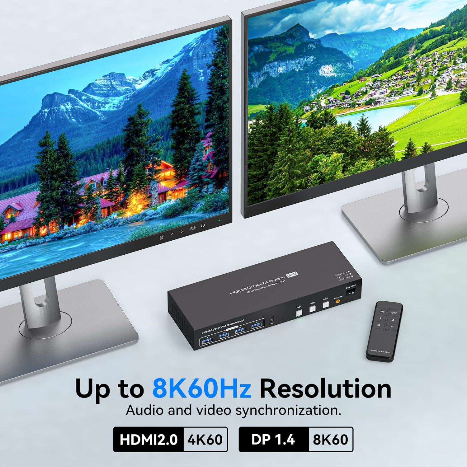 NÖRDIC KVM Switch 3 till 2 8K60Hz DP 1.4 HDMI 2.0 KVM USB 3.0