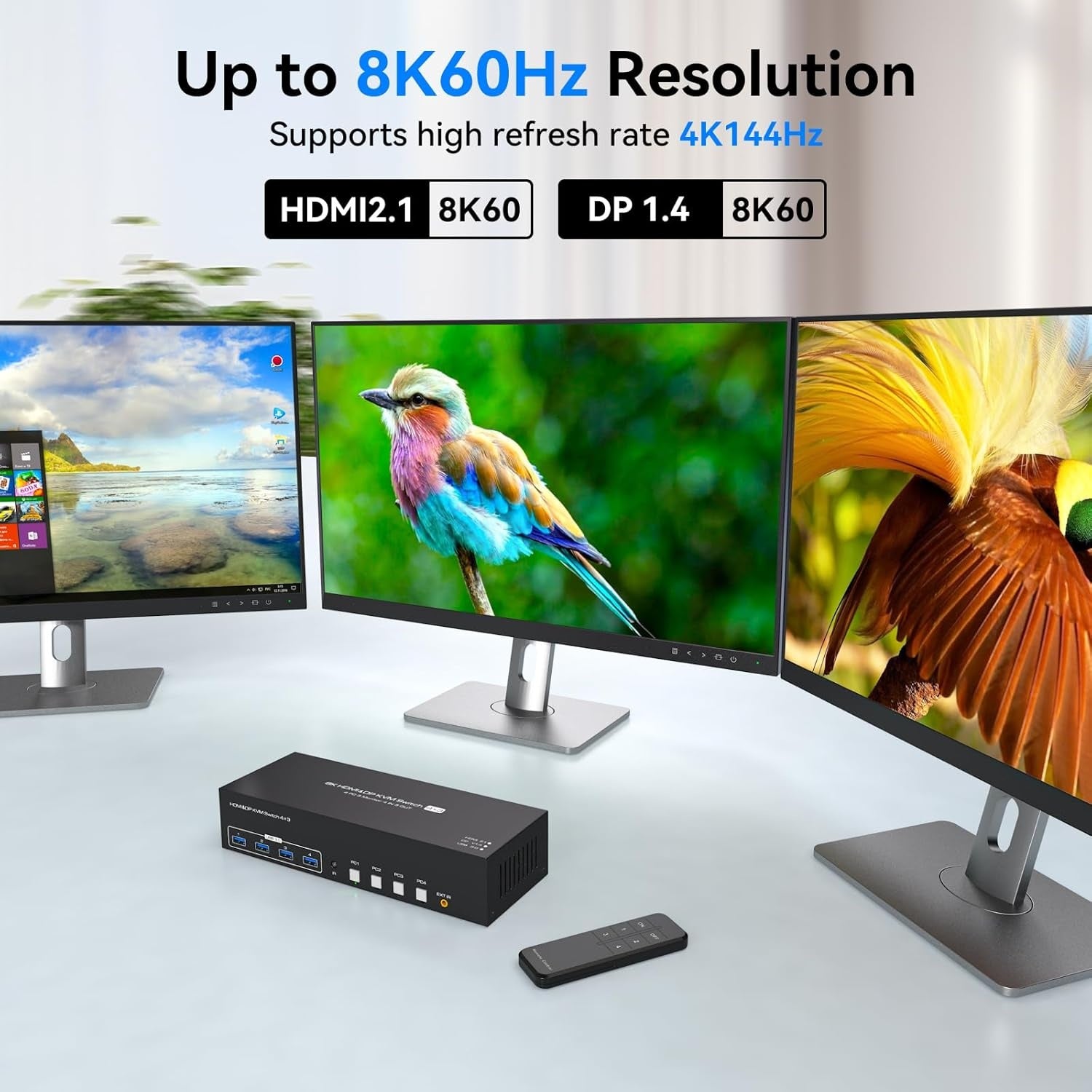 NÖRDIC KVM Switch 4 till 3, 4xUSB3.0 2xDP 1xHDMI 8K60Hz med trådlös kontroll