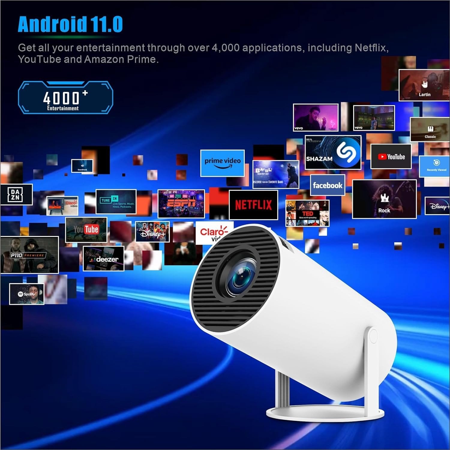 NÖRDIC Mini Portable Projector 720p HD-stöd Android 11 – WiFi 6, BT 5.0, 180° rotation, hemmabioprojektor