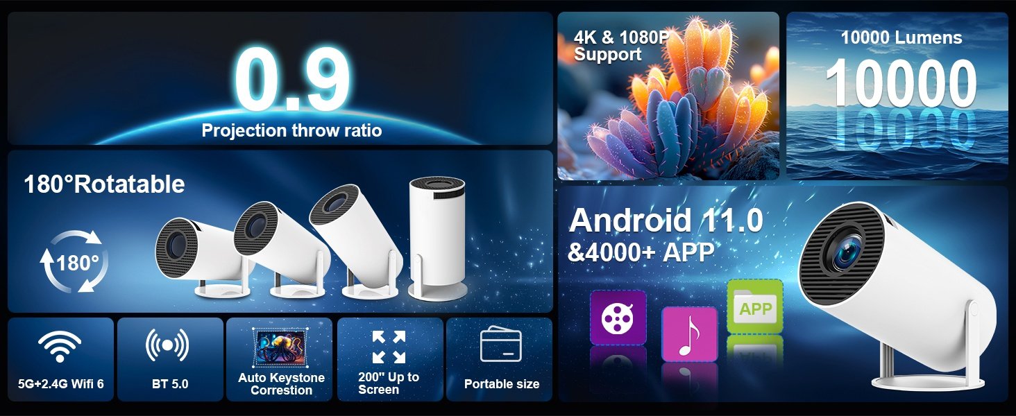 NÖRDIC Mini Portable Projector 720p HD-stöd Android 11 – WiFi 6, BT 5.0, 180° rotation, hemmabioprojektor