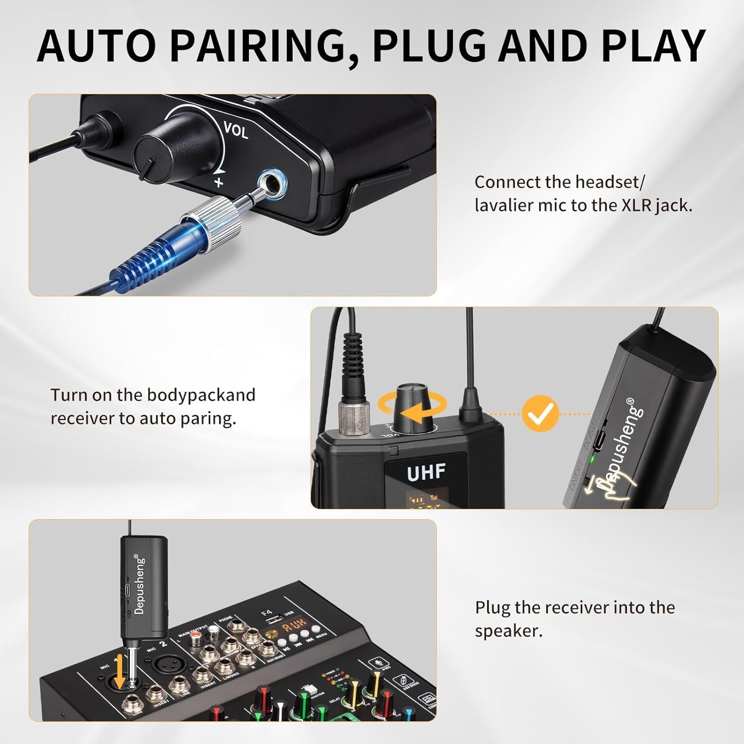 NÖRDIC UHF Wireless Microphone Headset System -Wireless Headset Mic System, with Lavalier Lapel Mics, 60m Range, 1/8'' and 1/4'' Plug