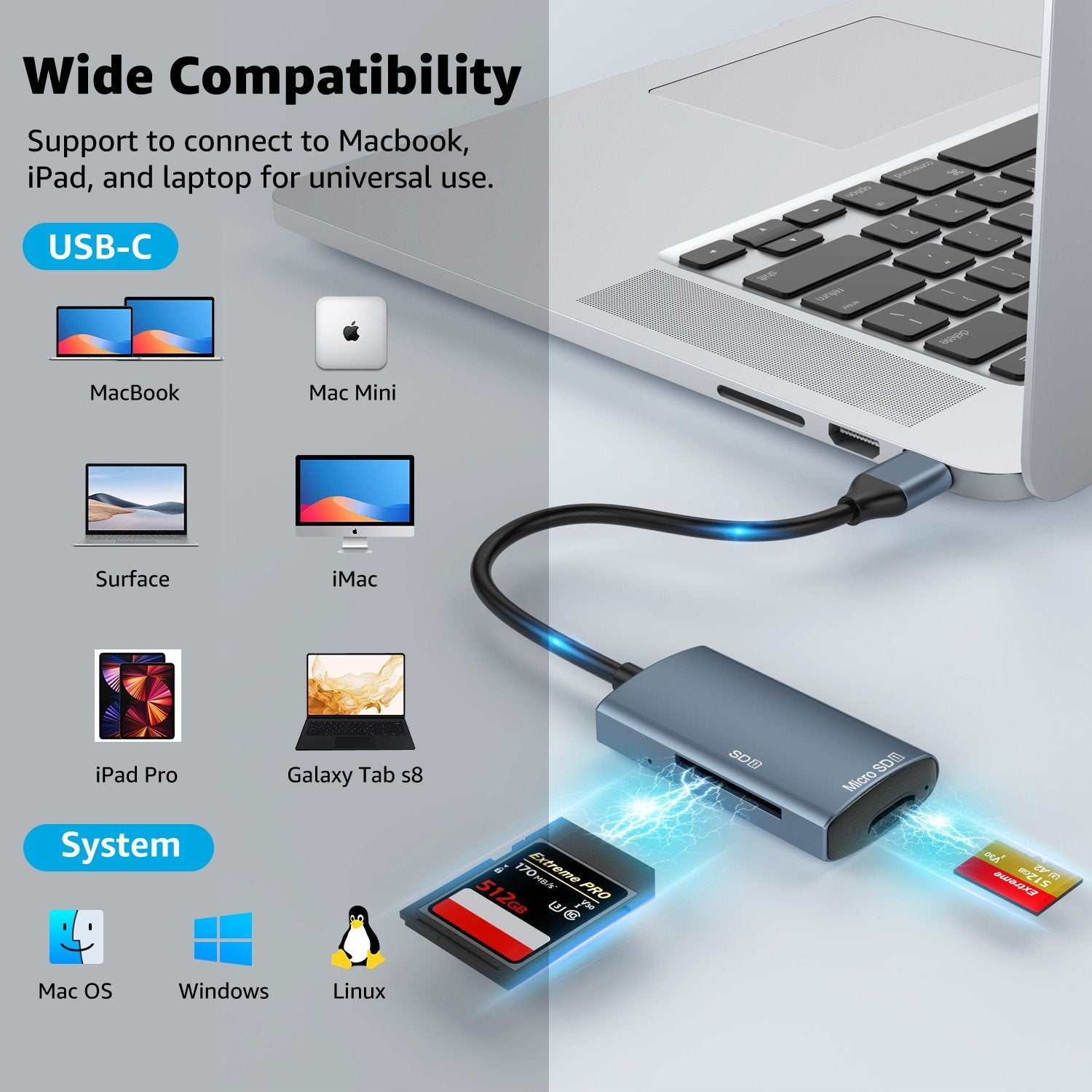 NÖRDIC USB-C 3.0 Kortläsare 2 Slot SD3.0, MicroSD3.0 UHS-I