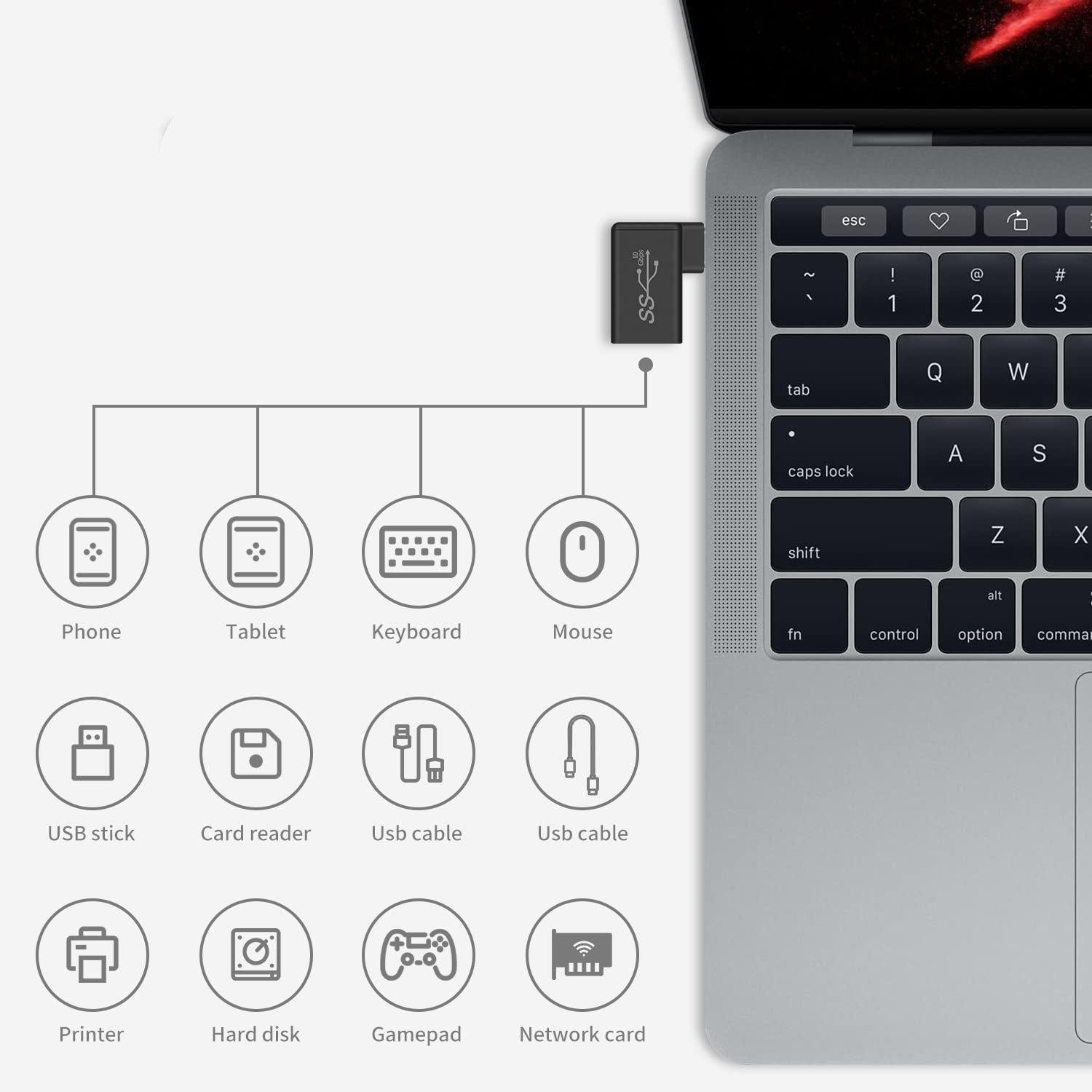 NÖRDIC USB-A 3.1 OTG hona till USB C hane vinklad adapter 5Gbps Aluminium synk och laddning OTG USB-C adapter