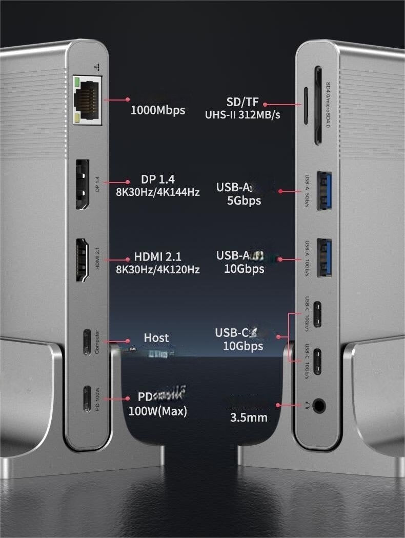 NÖRDIC USB-C 1 till 12 Dockning station 1xDP 8K30Hz 1xHDMI 8K30Hz 1xRJ45 GigaLan 1xUSB-C PD100W 3xUSB 10G 1xUSB 5G 1xSD 1XMicroSD 1x3.5mm AUX