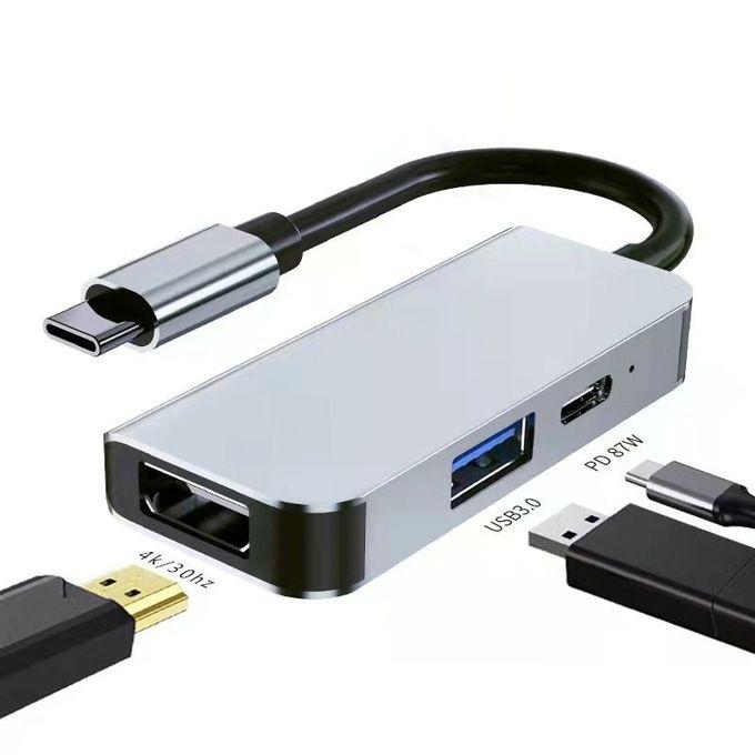 NÖRDIC USB-C 1 till 3 Dockningsstation 1xHDMI 4K30Hz 1x USB-C PD 87W 1xUSB-A 5Gbps Mirror och Extended