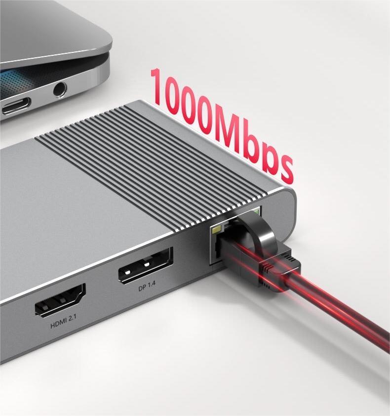 NÖRDIC USB-C 1 till 12 Dockning station 1xDP 8K30Hz 1xHDMI 8K30Hz 1xRJ45 GigaLan 1xUSB-C PD100W 3xUSB 10G 1xUSB 5G 1xSD 1XMicroSD 1x3.5mm AUX