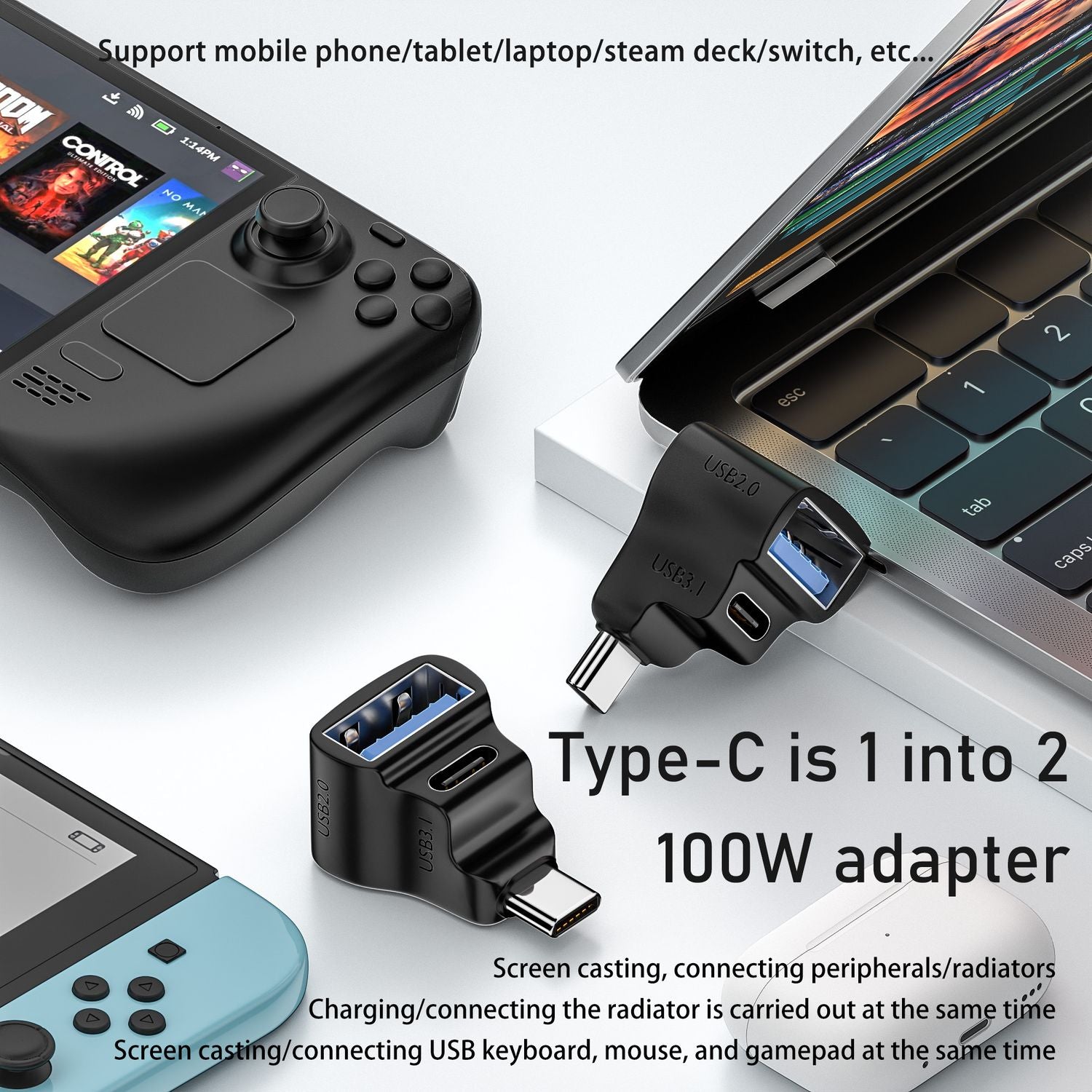 NÖRDIC USB-C Adapter 1 till 2 USB-C 3.1 + USB-A 10Gbps 4K60Hz 100W PD