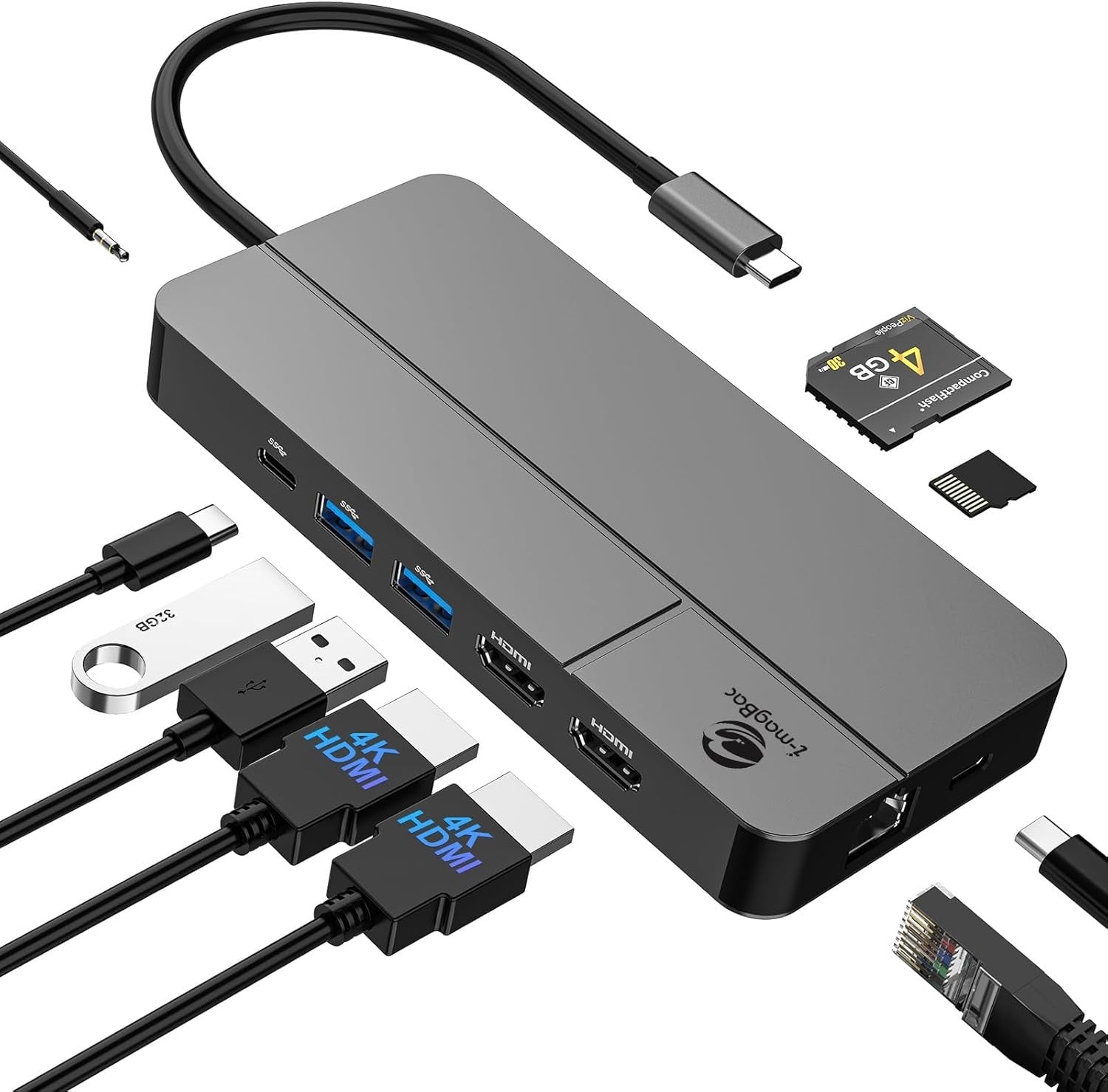 NÖRDIC USB-C Dockningstation 1 till 10 med 2xHDMI 1x4K60Hz/1x4K30Hz 1xPD100W 1xRJ45 GigaLan 1xSD/MicroSD 2xUSB-A 1xUSB-C 1xAudio stöd MacBook M1, M2, M3, och M4