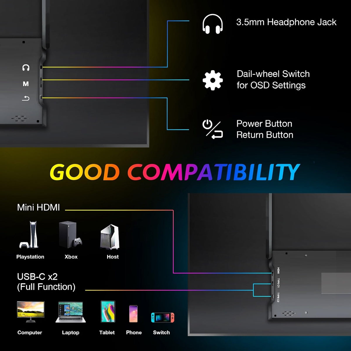 Portable Monitor 18.5 Inch 1080P 120Hz with Built-in Stand