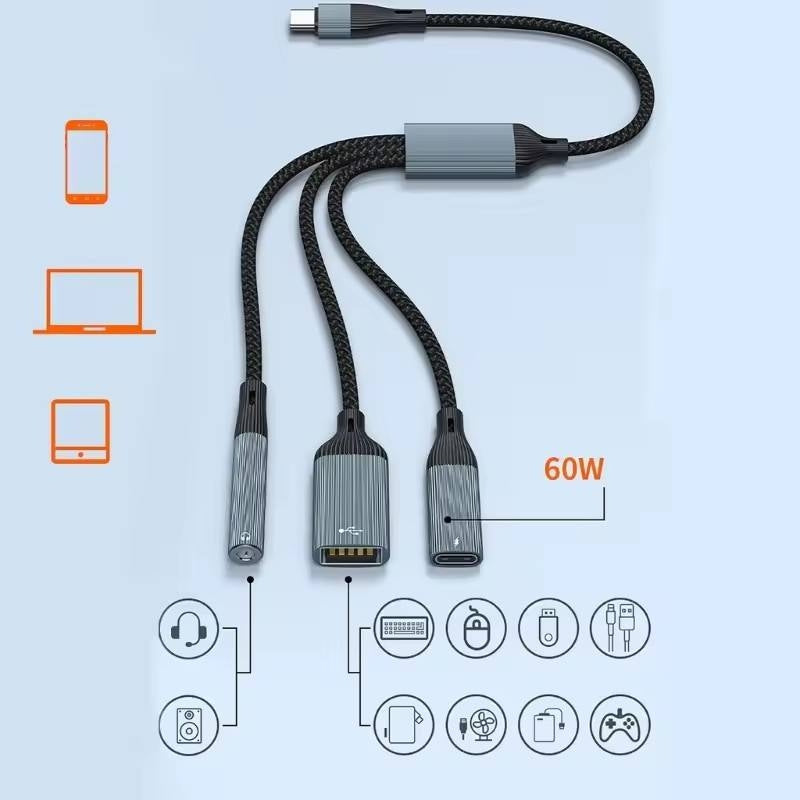 NÖRDIC USB-C Hubb 1 till 3, 1xUSB-A 1xUSB-C PD60W 1x3,5mm hörlursuttag OTG Kabel