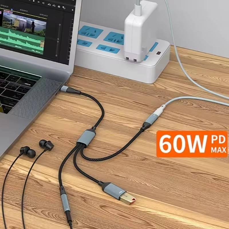 NÖRDIC USB-C Hubb 1 till 3, 1xUSB-A 1xUSB-C PD60W 1x3,5mm hörlursuttag OTG Kabel