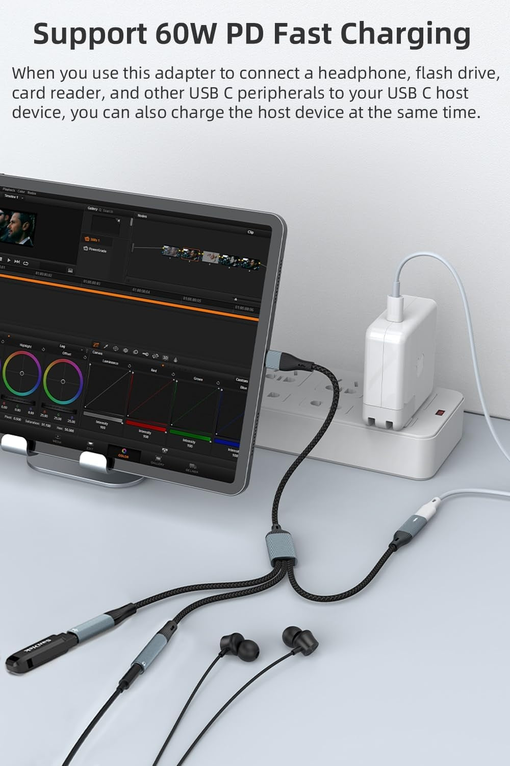 NÖRDIC USB-C Hubb 1 till 3, 1xUSB-C 1xUSB-C PD60W 1x3,5mm hörlursuttag OTG Kabel