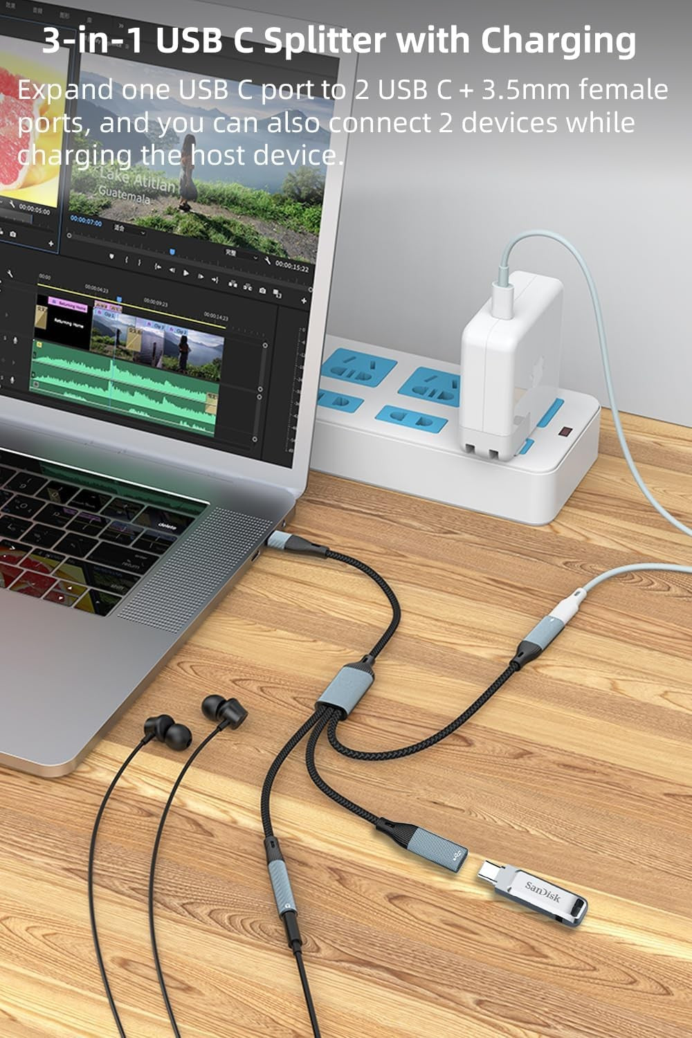 NÖRDIC USB-C Hubb 1 till 3, 1xUSB-C 1xUSB-C PD60W 1x3,5mm hörlursuttag OTG Kabel