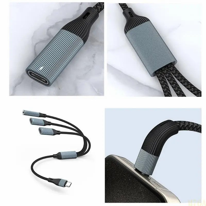 NÖRDIC USB-C Hubb 1 till 3, 1xUSB-C 1xUSB-C PD60W 1x3,5mm hörlursuttag OTG Kabel