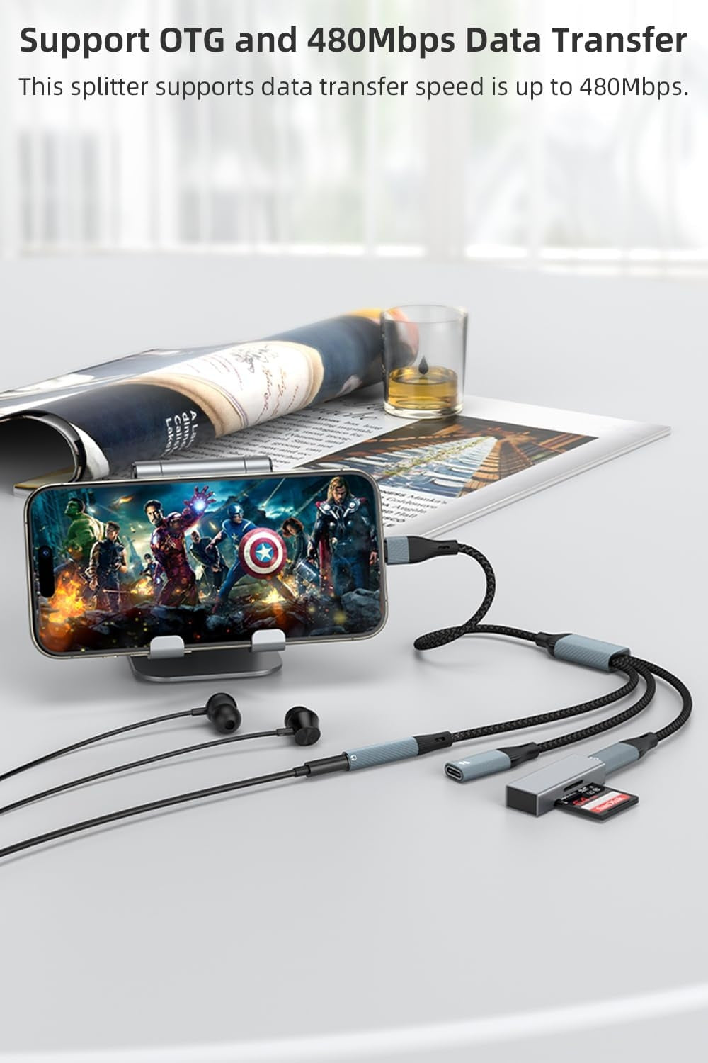 NÖRDIC USB-C Hubb 1 till 3, 1xUSB-C 1xUSB-C PD60W 1x3,5mm hörlursuttag OTG Kabel