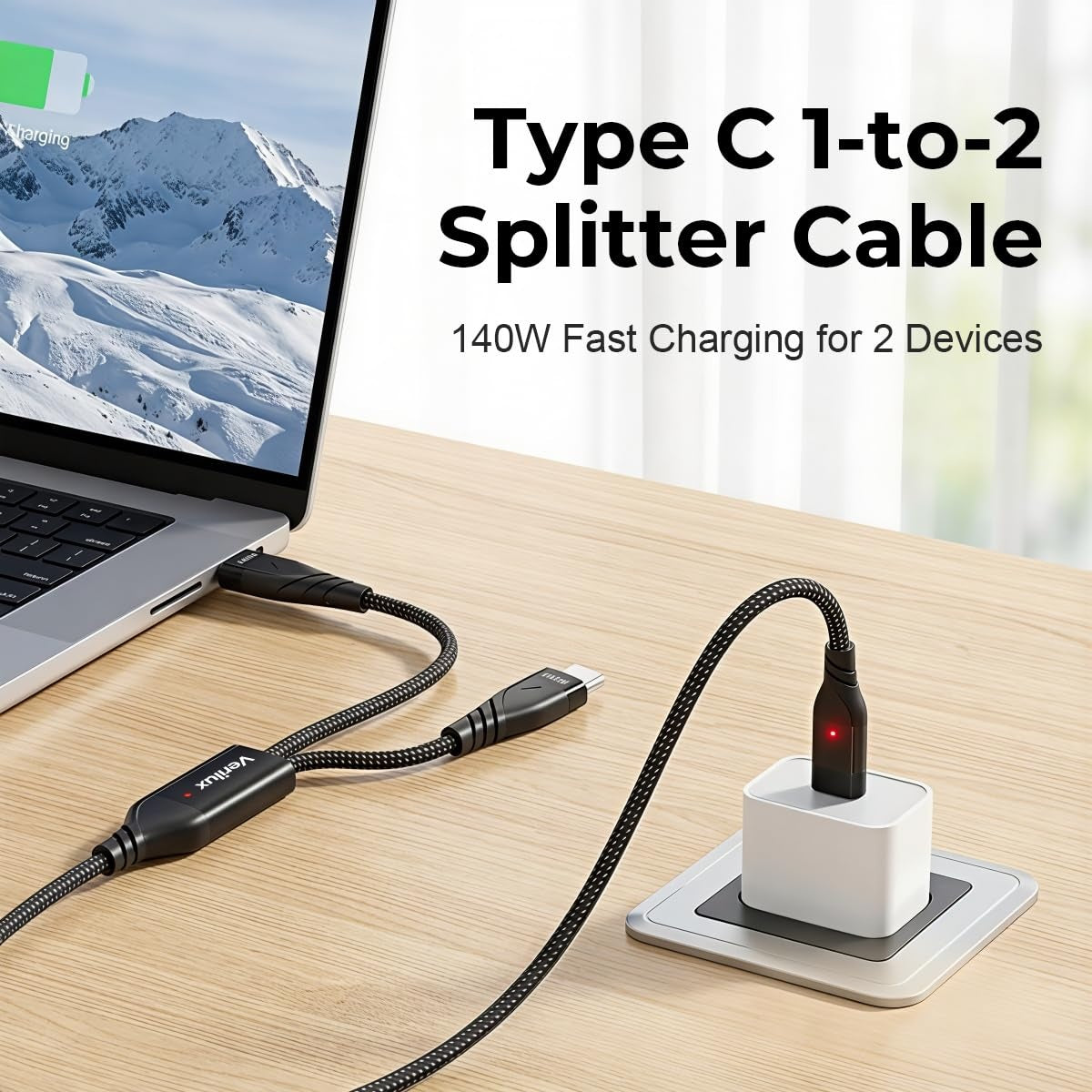 NÖRDIC USB-C Y Cable PD 140W Fast Charging with 1 to 2 USB C Splitter 1.2m