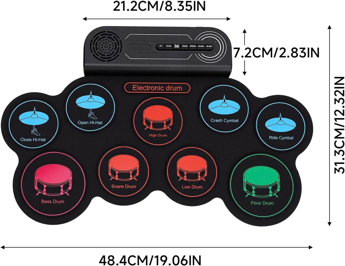 NÖRDIC USB MIDI Electronic Portable Drum Roll Up Pad 9 Pad Built in Speaker Headphone Jack Dual Pedals