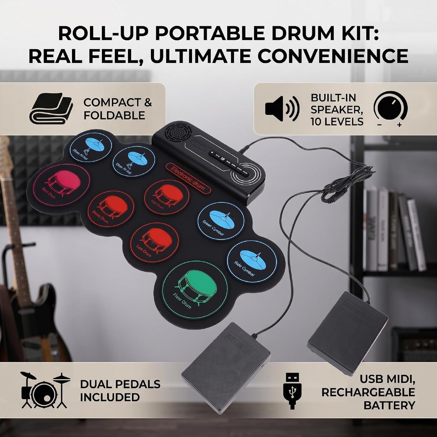 NÖRDIC USB MIDI Electronic Portable Drum Roll Up Pad 9 Pad Built in Speaker Headphone Jack Dual Pedals