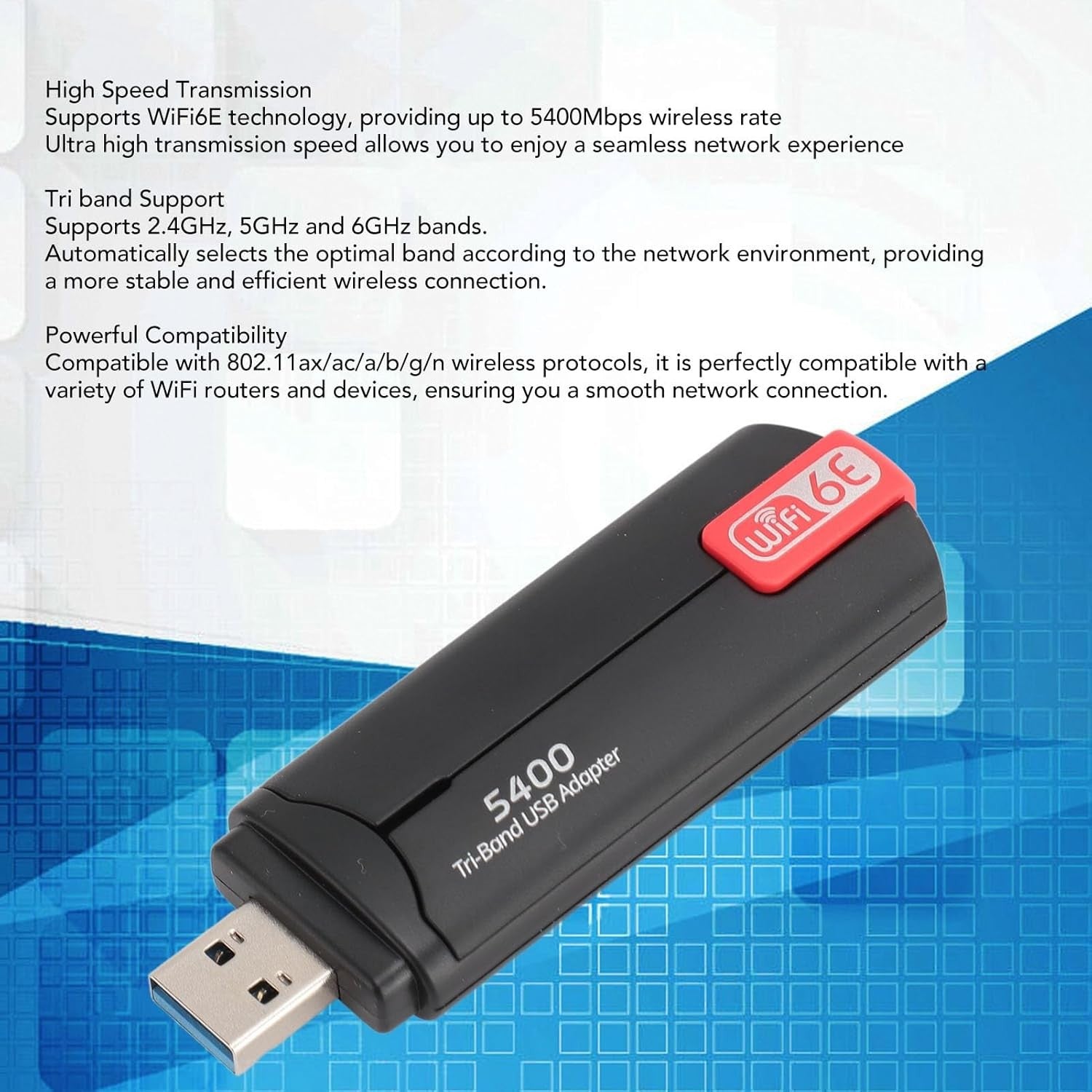 NÖRDIC USB-A WiFi-adapter, 5400 Mbps hög hastighet stabil USB3.0 trådlös nätverksadapter WiFi 6E, bärbar för stationär dator