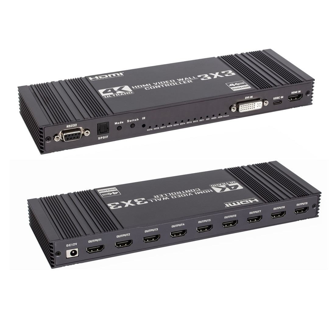 NÖRDIC Video Wall Controller 3x3, TV-väggprocessor, 4K@30Hz HDMI multi-skärm skarvningsprocessor med HDMI + DVI + USB-C ingång