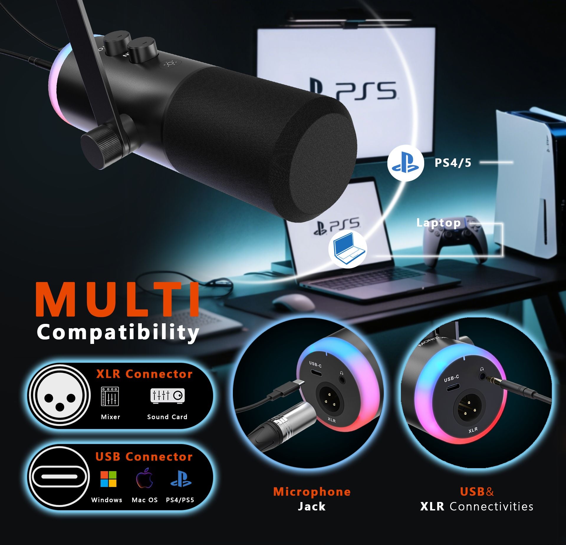 NÖRDIC XLR/USB Dynamic Microphone Kit, RGB Adjustable Boom Arm Stand for Streaming, Gaming, Voice-Over, Recording