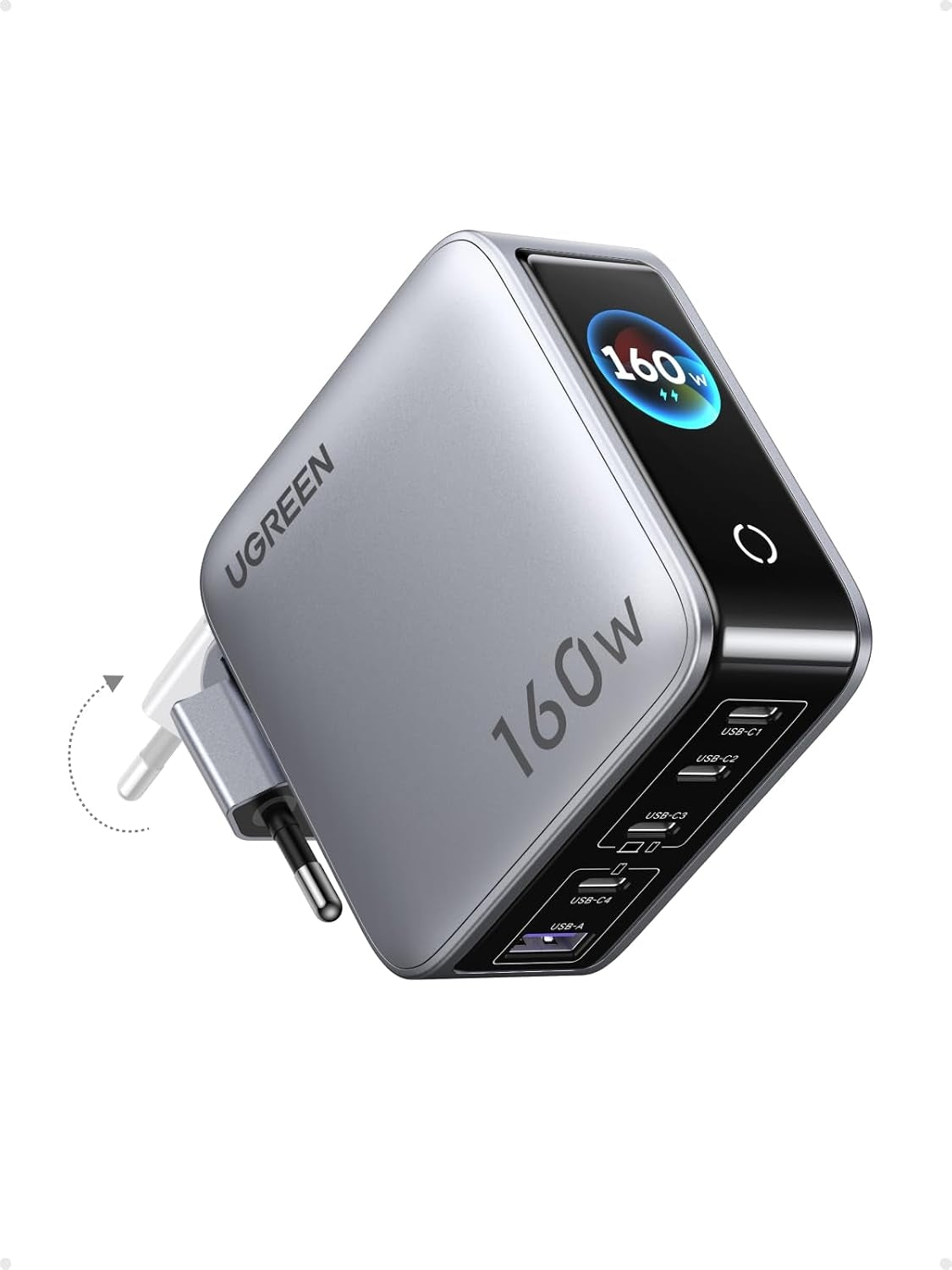 UGREEN Nexode Pro 160W USB-C laddare med 5 portar, 4xUSB-C + 1xUSB-A, Smart-Display och Touchkontroll