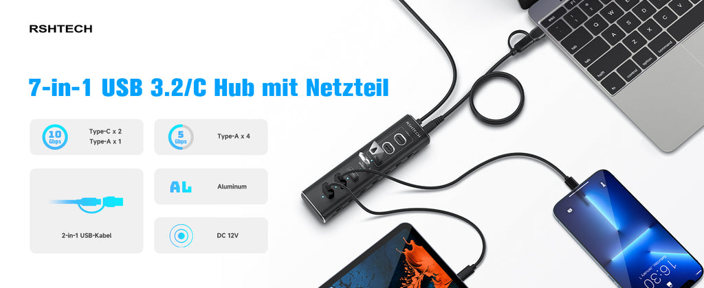NÖRDIC USBC-HUB77 - Hub USB-C 7 ports - 3x USB-A 3.1 5Gb/s - 3x USB-C 3.2  10Gb/s 