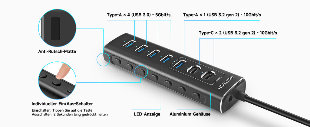 NÖRDIC GEN 3.2 USB-C och USB-A powered Hubb 7ports 3x10Gbps 4x5Gbps 1m –  Nördic